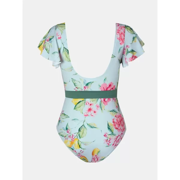 imageCUPSHE Women V Neck Ruffle One Piece Swimsuit Floral Print Bathing Suit with Removed Waist TieLight Blue Floral