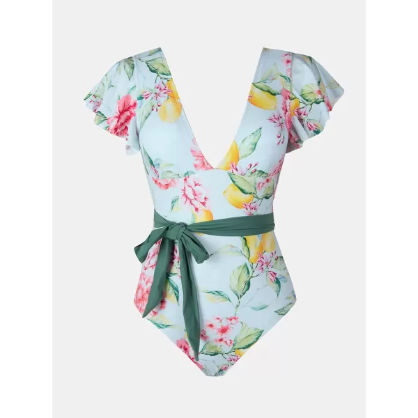 imageCUPSHE Women V Neck Ruffle One Piece Swimsuit Floral Print Bathing Suit with Removed Waist TieLight Blue Floral