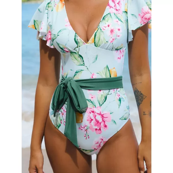 imageCUPSHE Women V Neck Ruffle One Piece Swimsuit Floral Print Bathing Suit with Removed Waist TieLight Blue Floral