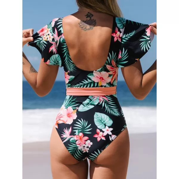 imageCUPSHE Women V Neck Ruffle One Piece Swimsuit Floral Print Bathing Suit with Removed Waist TieMulticolor