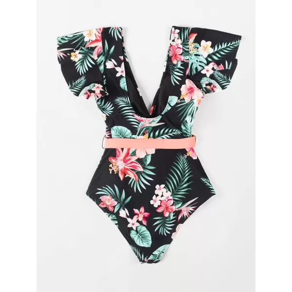 imageCUPSHE Women V Neck Ruffle One Piece Swimsuit Floral Print Bathing Suit with Removed Waist TieMulticolor