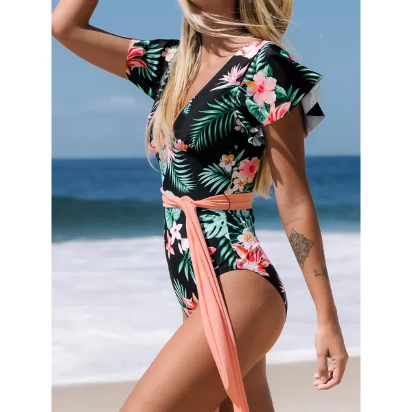 imageCUPSHE Women V Neck Ruffle One Piece Swimsuit Floral Print Bathing Suit with Removed Waist TieMulticolor