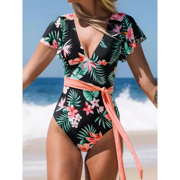 imageCUPSHE Women V Neck Ruffle One Piece Swimsuit Floral Print Bathing Suit with Removed Waist TieMulticolor