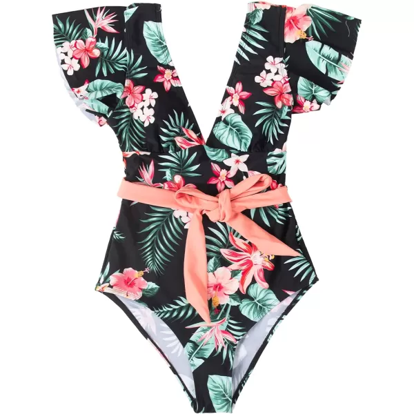 imageCUPSHE Women V Neck Ruffle One Piece Swimsuit Floral Print Bathing Suit with Removed Waist TieMulticolor