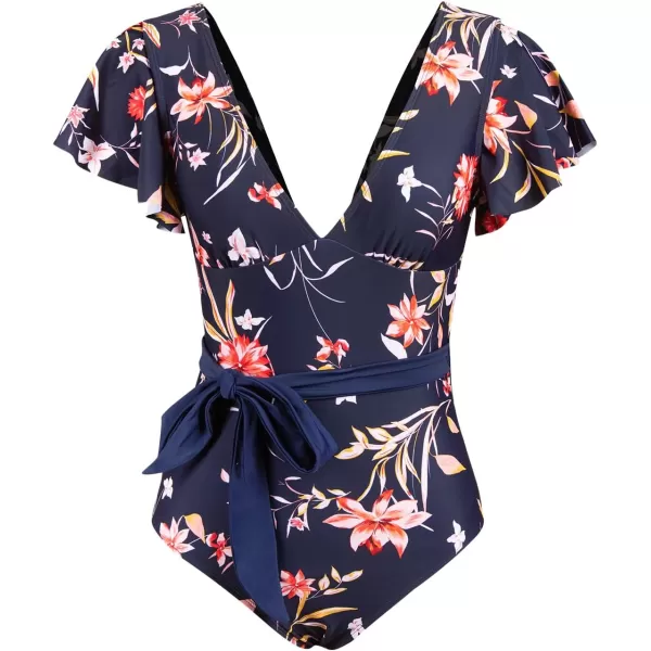 imageCUPSHE Women V Neck Ruffle One Piece Swimsuit Floral Print Bathing Suit with Removed Waist TieNavy BlueRed Floral