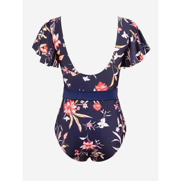 imageCUPSHE Women V Neck Ruffle One Piece Swimsuit Floral Print Bathing Suit with Removed Waist TieNavy BlueRed Floral