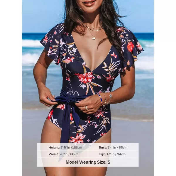 imageCUPSHE Women V Neck Ruffle One Piece Swimsuit Floral Print Bathing Suit with Removed Waist TieNavy BlueRed Floral