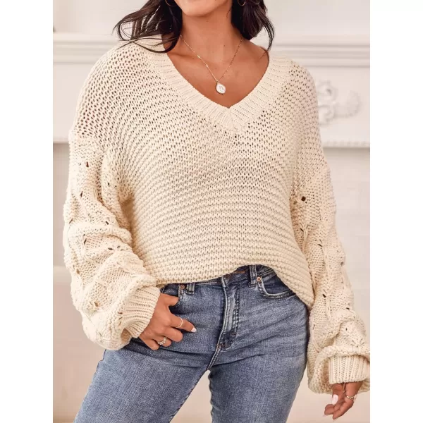 imageCUPSHE Women V Neck Sweater Cutout Knit Casual Long Lantern SleevesBeige