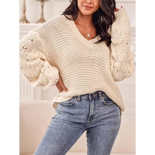 imageCUPSHE Women V Neck Sweater Cutout Knit Casual Long Lantern SleevesBeige