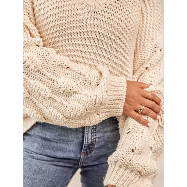 imageCUPSHE Women V Neck Sweater Cutout Knit Casual Long Lantern SleevesBeige