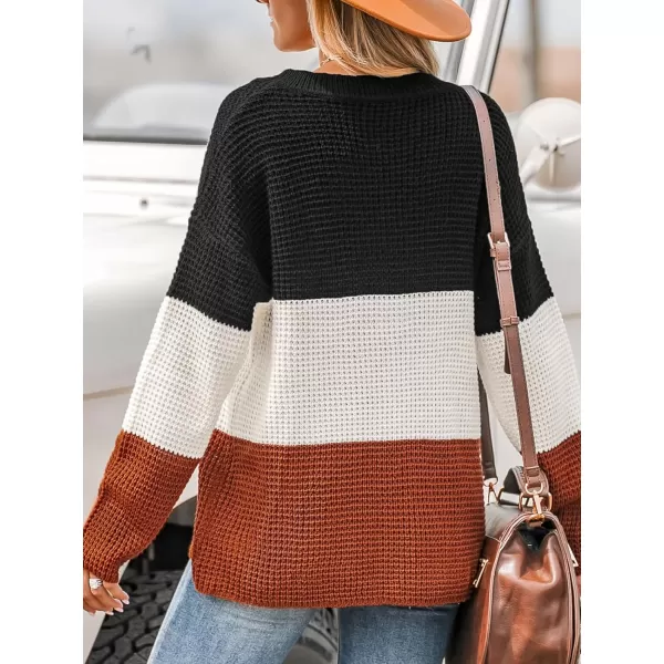 imageCUPSHE Women V Neck Sweater Knit Casual Colorblock Long Sleeves Button Sweaters TopsBlack Striped