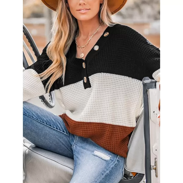 imageCUPSHE Women V Neck Sweater Knit Casual Colorblock Long Sleeves Button Sweaters TopsBlack Striped
