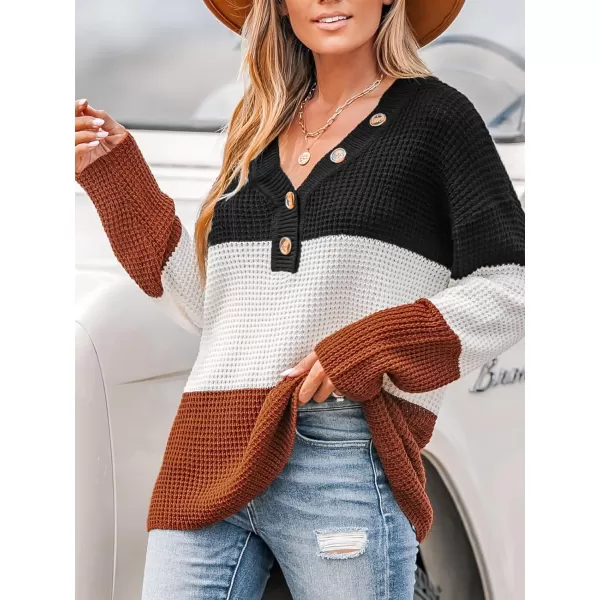 imageCUPSHE Women V Neck Sweater Knit Casual Colorblock Long Sleeves Button Sweaters TopsBlack Striped