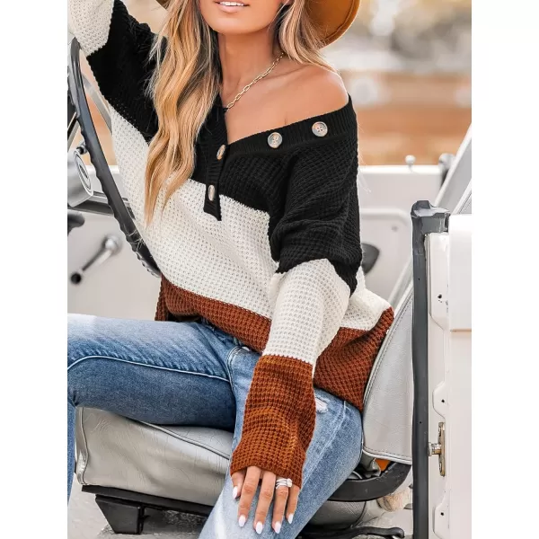 imageCUPSHE Women V Neck Sweater Knit Casual Colorblock Long Sleeves Button Sweaters TopsBlack Striped