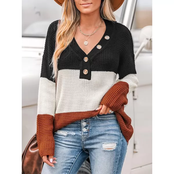 imageCUPSHE Women V Neck Sweater Knit Casual Colorblock Long Sleeves Button Sweaters TopsBlack Striped