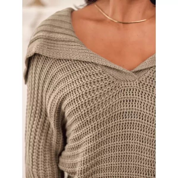 imageCUPSHE Women V Neck Sweater Knit Casual Tops Long SleevesSand