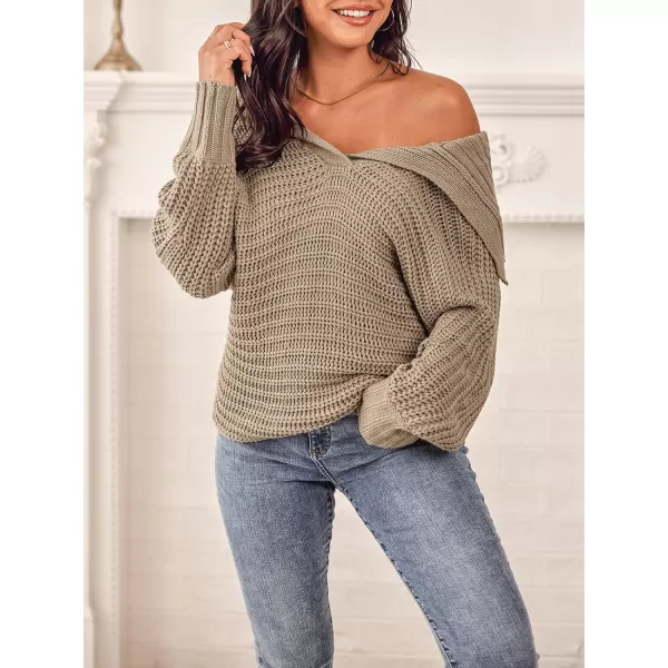 imageCUPSHE Women V Neck Sweater Knit Casual Tops Long SleevesSand