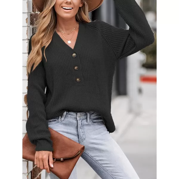 imageCUPSHE Women V Neck Sweater Tops Long Sleeve Button Front Pullover Sweaters Casual ShirtsBlack