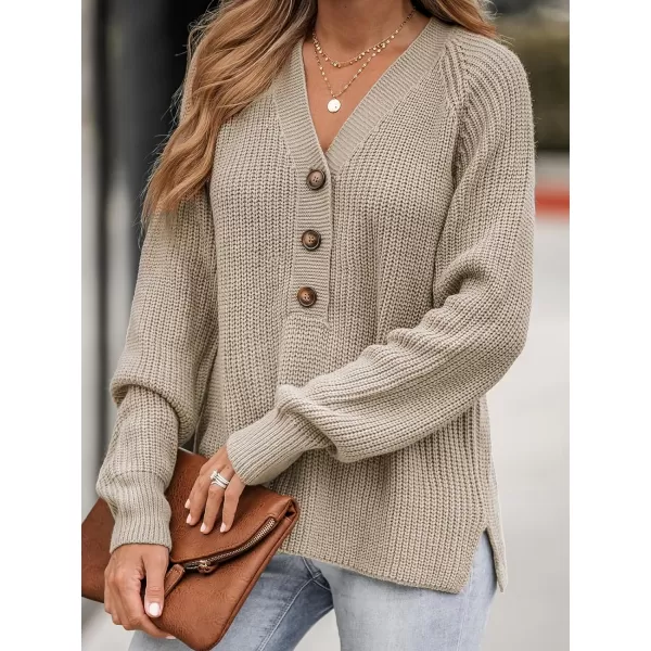 imageCUPSHE Women V Neck Sweater Tops Long Sleeve Button Front Pullover Sweaters Casual ShirtsBrown