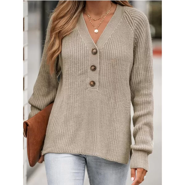 imageCUPSHE Women V Neck Sweater Tops Long Sleeve Button Front Pullover Sweaters Casual ShirtsBrown