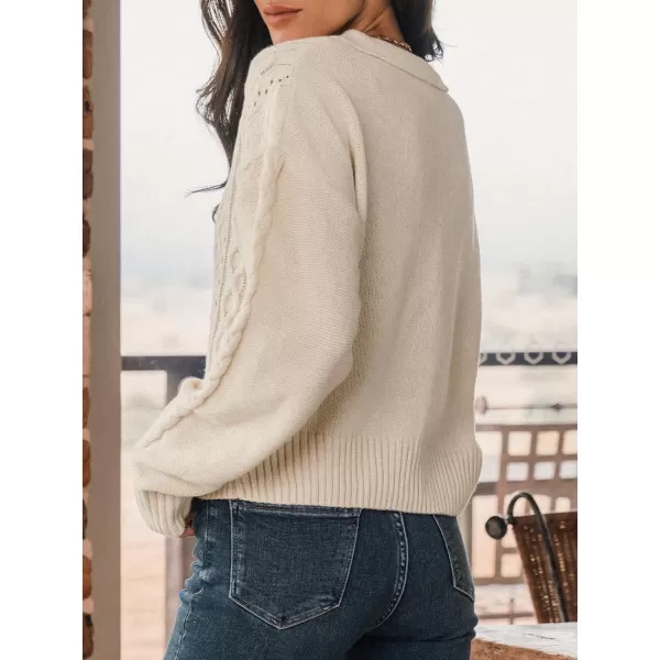 imageCUPSHE Women V Neck Sweater Tops Long Sleeve Cable Knit Chunky Pullover Short Sweaters CasualApricot