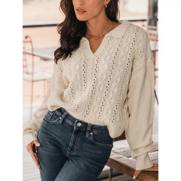 imageCUPSHE Women V Neck Sweater Tops Long Sleeve Cable Knit Chunky Pullover Short Sweaters CasualApricot