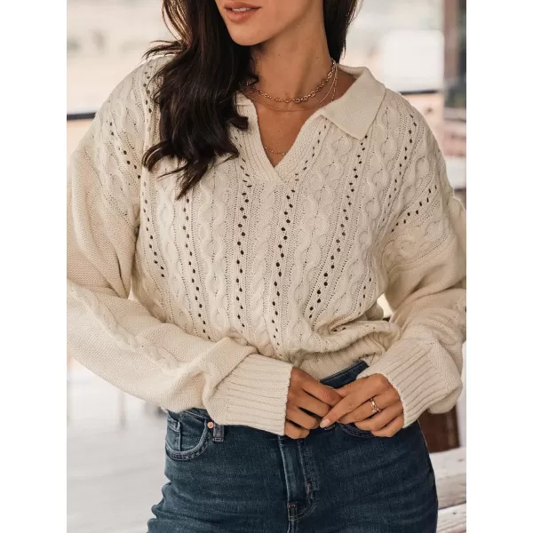 imageCUPSHE Women V Neck Sweater Tops Long Sleeve Cable Knit Chunky Pullover Short Sweaters CasualApricot