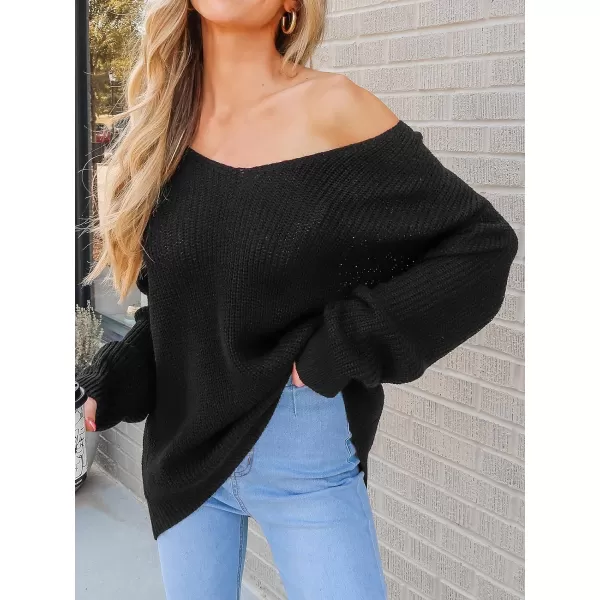 imageCUPSHE Women V Neck Sweater Tops Long Sleeves Top Knit Pullover Sweater Shirts CasualBlack