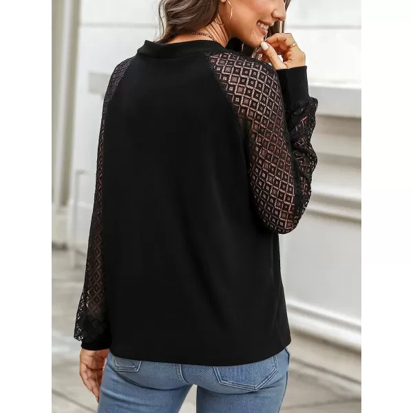 imageCUPSHE Women VNeck Lace Blouse Relaxed Fit Long Sleeve Button Down TopsBlack