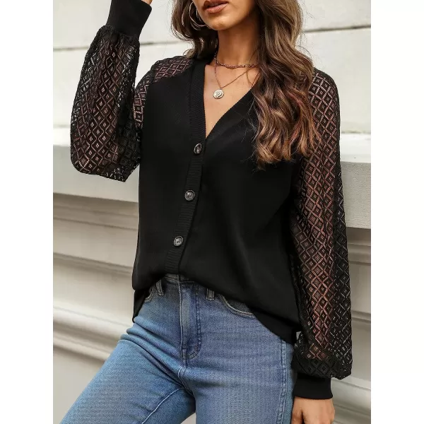 imageCUPSHE Women VNeck Lace Blouse Relaxed Fit Long Sleeve Button Down TopsBlack