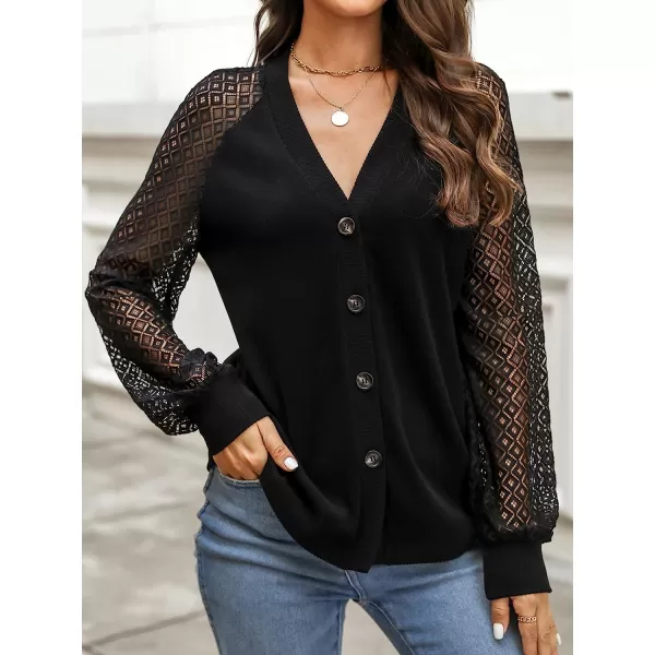 imageCUPSHE Women VNeck Lace Blouse Relaxed Fit Long Sleeve Button Down TopsBlack