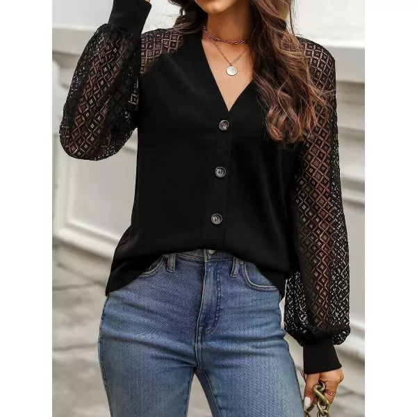 imageCUPSHE Women VNeck Lace Blouse Relaxed Fit Long Sleeve Button Down TopsBlack