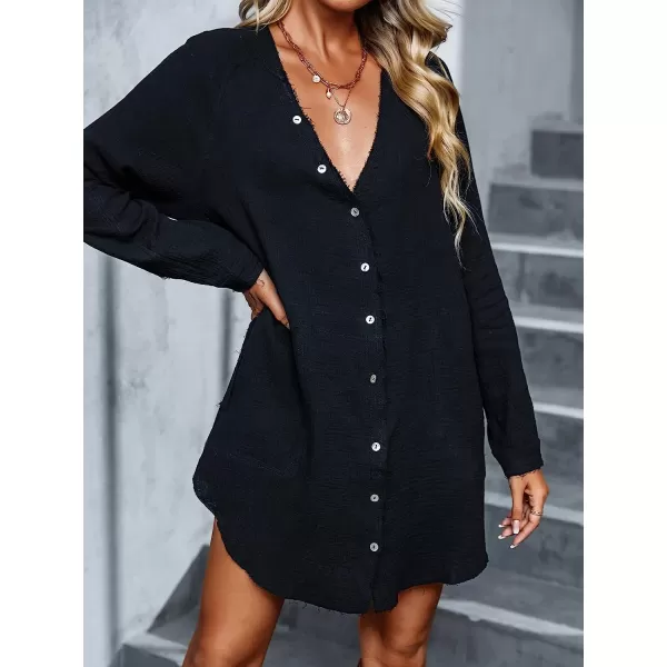 imageCUPSHE Women VNeck Long Sleeve Mini Dress Casual Relax Fit Solid Dresses with ButtonBlack