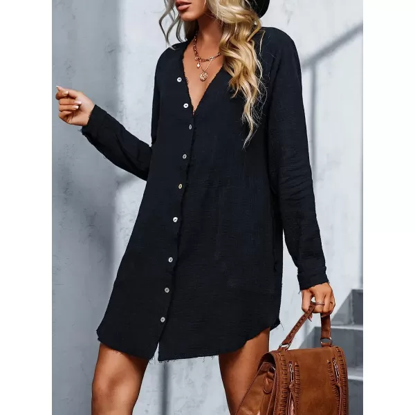 imageCUPSHE Women VNeck Long Sleeve Mini Dress Casual Relax Fit Solid Dresses with ButtonBlack