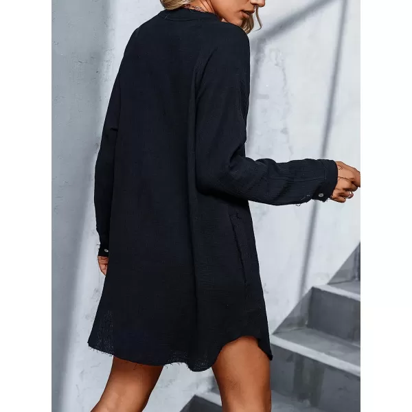 imageCUPSHE Women VNeck Long Sleeve Mini Dress Casual Relax Fit Solid Dresses with ButtonBlack