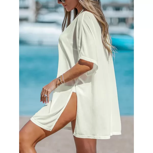 imageCUPSHE Women VNeck Slit Mini CoverUp Dress Casual Summer Short Sleeves Solid Cover UpBeige