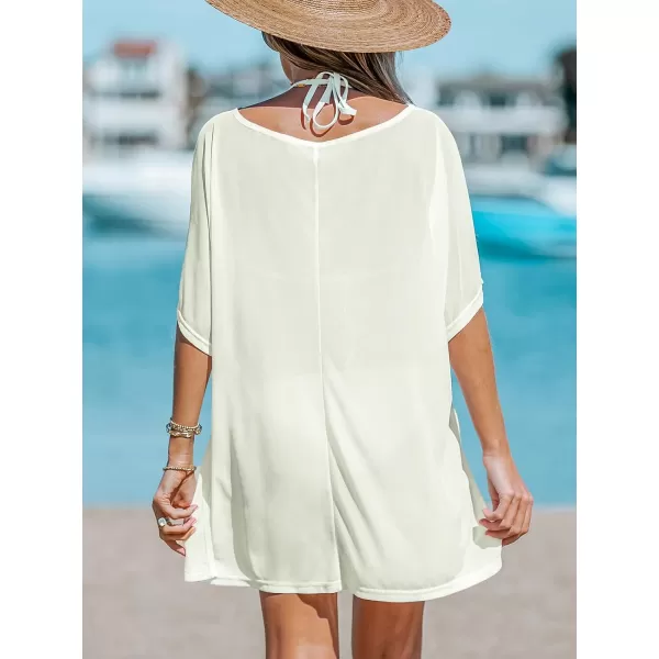imageCUPSHE Women VNeck Slit Mini CoverUp Dress Casual Summer Short Sleeves Solid Cover UpBeige