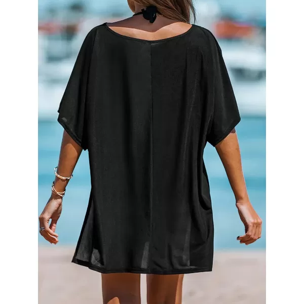 imageCUPSHE Women VNeck Slit Mini CoverUp Dress Casual Summer Short Sleeves Solid Cover UpBlack
