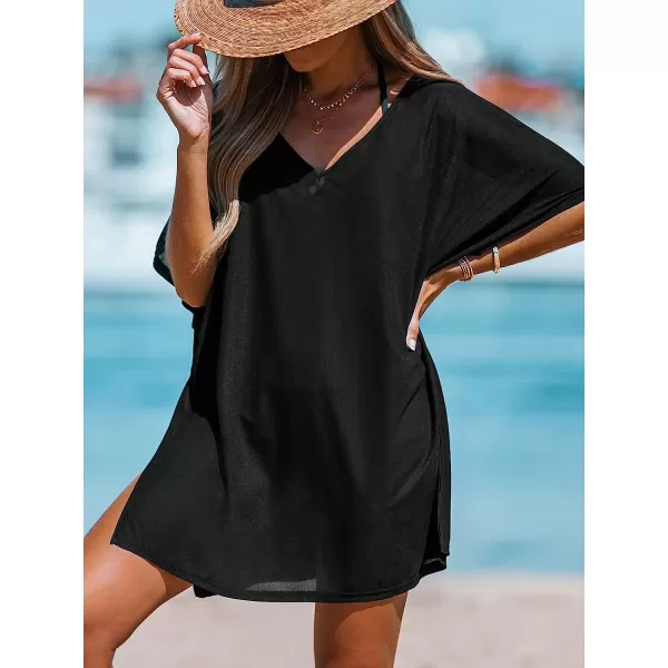 imageCUPSHE Women VNeck Slit Mini CoverUp Dress Casual Summer Short Sleeves Solid Cover UpBlack