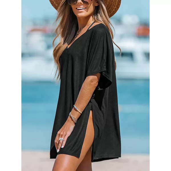 imageCUPSHE Women VNeck Slit Mini CoverUp Dress Casual Summer Short Sleeves Solid Cover UpBlack