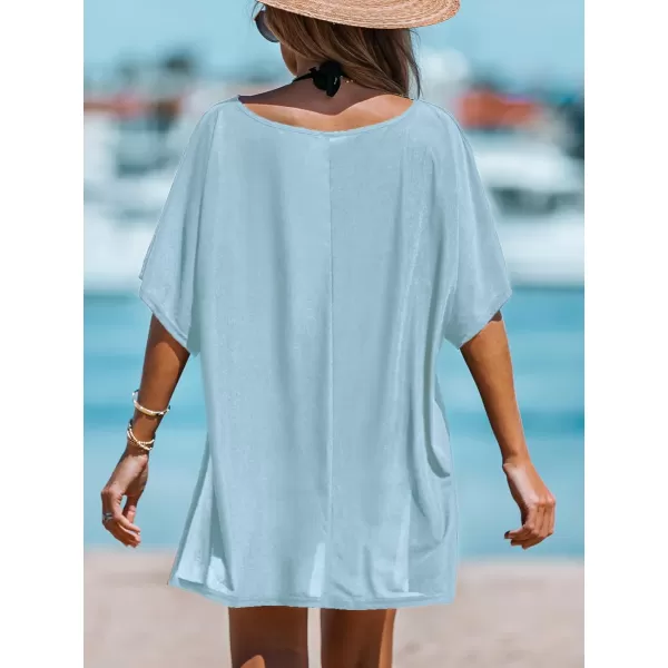 imageCUPSHE Women VNeck Slit Mini CoverUp Dress Casual Summer Short Sleeves Solid Cover UpBlue