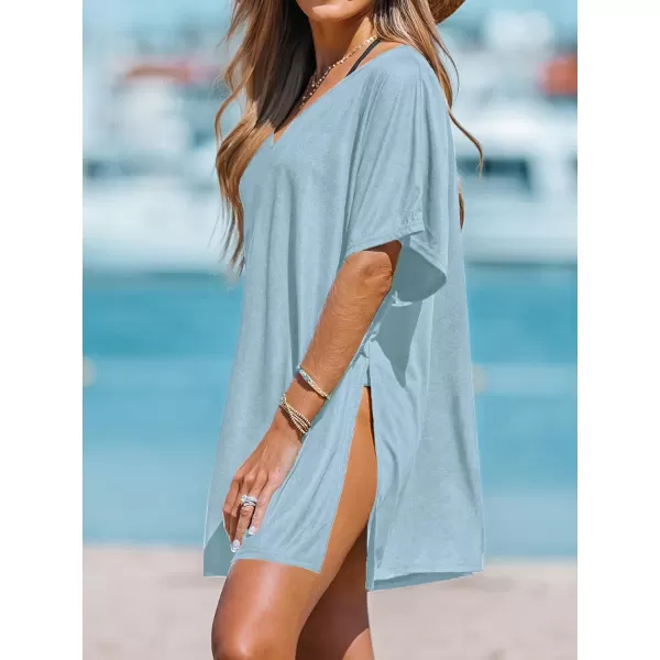 imageCUPSHE Women VNeck Slit Mini CoverUp Dress Casual Summer Short Sleeves Solid Cover UpBlue