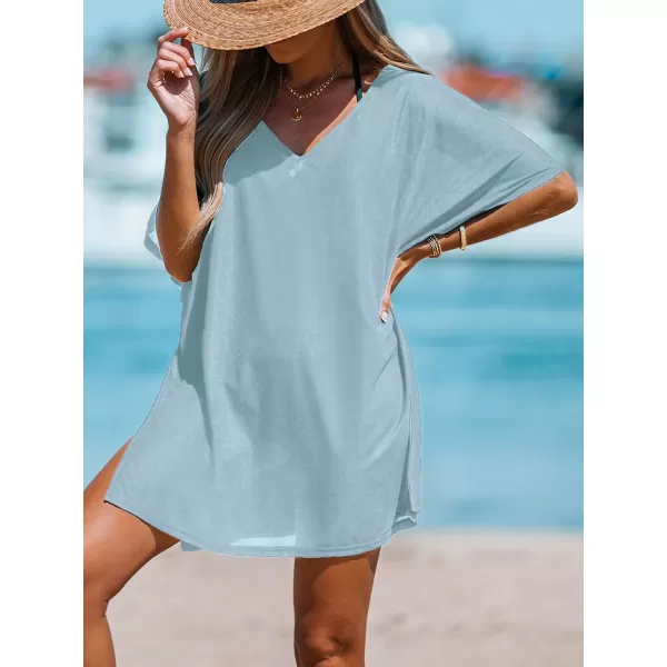 imageCUPSHE Women VNeck Slit Mini CoverUp Dress Casual Summer Short Sleeves Solid Cover UpBlue