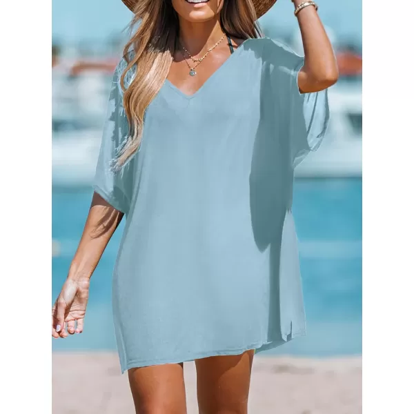 imageCUPSHE Women VNeck Slit Mini CoverUp Dress Casual Summer Short Sleeves Solid Cover UpBlue