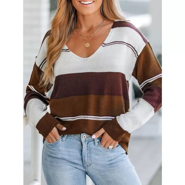 imageCUPSHE Women VNeck Sweater Coffee Striped Dropped Long Sleeves Ribbed Colorblock Jumper TopsCoffee Striped