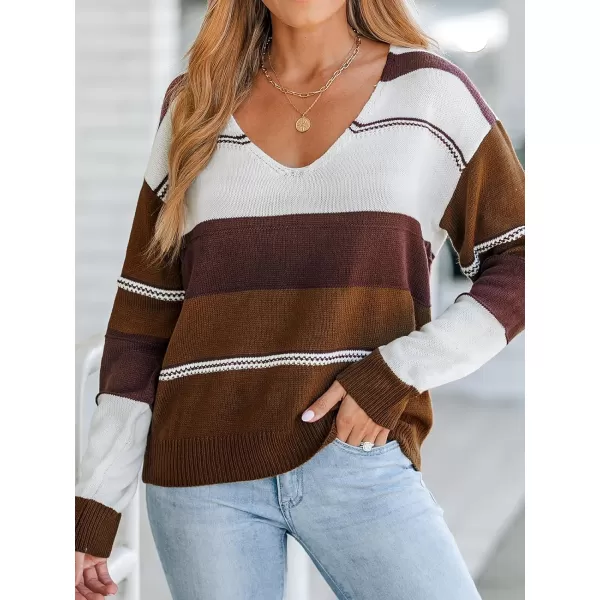 imageCUPSHE Women VNeck Sweater Coffee Striped Dropped Long Sleeves Ribbed Colorblock Jumper TopsCoffee Striped