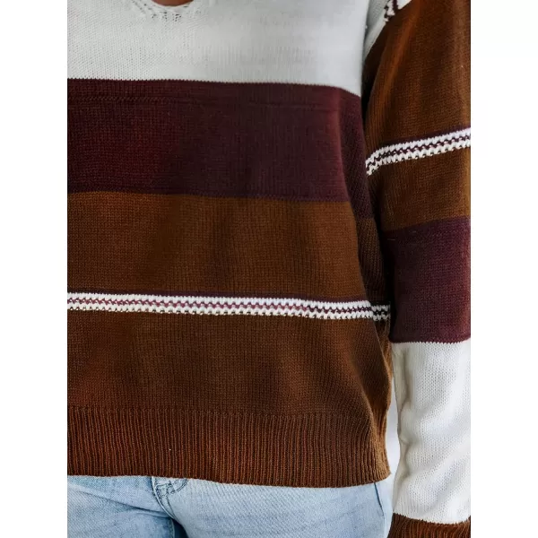 imageCUPSHE Women VNeck Sweater Coffee Striped Dropped Long Sleeves Ribbed Colorblock Jumper TopsCoffee Striped