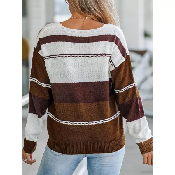 imageCUPSHE Women VNeck Sweater Coffee Striped Dropped Long Sleeves Ribbed Colorblock Jumper TopsCoffee Striped