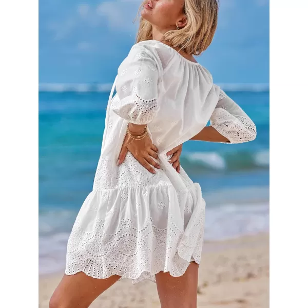 imageCUPSHE Women White Dress Eyelet V Neck Drawstring 34 Sleeve Ruffled A Line Mini Summer DressesWhite