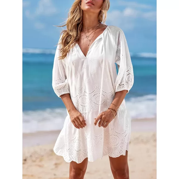 imageCUPSHE Women White Dress Eyelet V Neck Drawstring 34 Sleeve Ruffled A Line Mini Summer DressesWhite